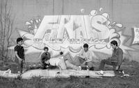 Breakdancers dance in front of Finals graffiti mural, Hartford, 1984