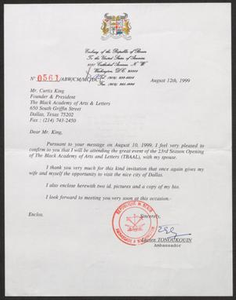 Letter from Lucien Tonoukoujn to Curtis King, August 12, 1999