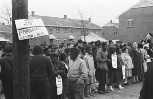 Line of civil rights activists in the George Washington Carver Homes neighborhood of Selma, Alabama, during the "Berlin Wall" demonstrations.