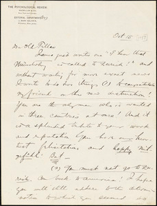 Thumbnail for Baldwin, James Mark, 1861-1934 autograph letter signed to Hugo Münsterberg, Princeton, N.J., 15 October 1897?