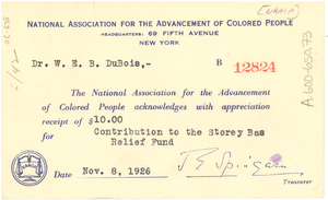 NAACP receipt for contribution to the Moorfield Storey Bas-Relief Fund