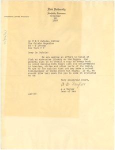 Letter from Fisk University to W. E. B. Du Bois