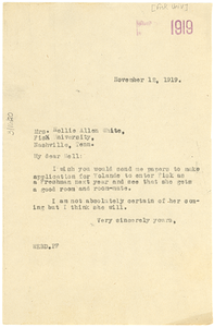 Letter from W. E. B. Du Bois to Fisk University