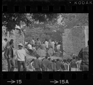 View of speakers, most likely Black community leaders or activists, at Black student rally in Franklin Park