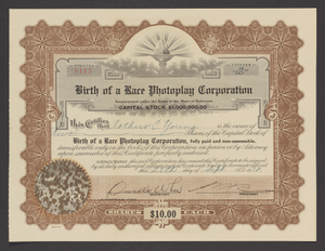 Stock certificate for Birth of a Race Photoplay Corporation