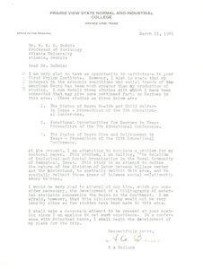 Letter from Prairie View State Normal and Industrial College to W. E. B. Du Bois