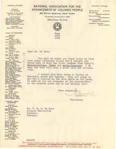 Letter from National Association for the Advancement of Colored People to W. E. B. Du Bois