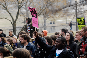 Justice for Jason rally at UMass Amherst: protesters outside the Student Union Building in support of Jason Vassell