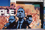 MLK Jr., Malcolm X, and Barack Obama mural at Faith in Christ Ministries, 46th Street at S. Western Ave., Los Angeles, California, 2010