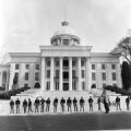 Alabama state troopers standing in front of the Capitol in Montgomery, Alabama, to prevent a civil rights protest march from Dexter Avenue Baptist Church.