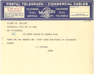 Telegram from J. C. Overton to S. D. Redmond