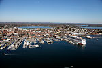 An October 2017 aerial view of Portland, Maine, and its busy harbor