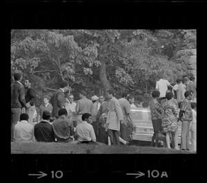 View of speakers, most likely Black community leaders or activists, at Black student rally in Franklin Park