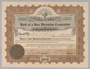 Stock certificate for Birth of a Race Photoplay Corporation