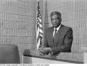 Donald A. Stafford posing for portrait in courtroom