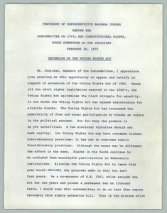 Testimony of Representative Barbara Jordan Before the Subcommittee on Civil and Constitutional Rights, House Committee on the Judiciary, February 26, 1975, Extension of the Voting Rights Act