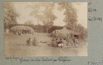 Huts of the construction method of Machame. Dancing Negroes (on the right). With beer (on the left), Tanzania, ca.1895-1900