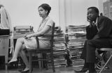 Patricia James and Arlam Carr at a staff meeting at the Southern Courier office in the Frank Leu Building in Montgomery, Alabama.