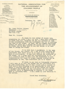 Letter from NAACP Los Angeles Branch to James Weldon Johnson