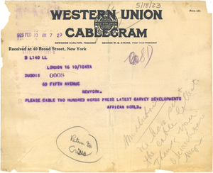 Telegram from African World to W. E. B. Du Bois