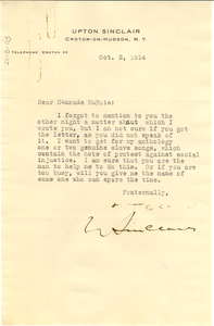 Letter from Upton Sinclair to W. E. B. Du Bois