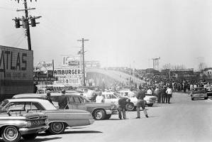 Crowd on the south side of the Edmund Pettus bridge in Selma, Alabama, watching marchers on the first day of the Selma to Montgomery March.