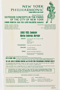 New York Philharmonic Printed Program (Parks Parks Parks Parks Parks), Aug 02, 1966; Aug 04, 1966; Aug 06, 1966; Aug 08, 1966; Aug 10, 1966 at Central Park Sheep Meadow NY Botanical Garden Crocheron Park Clove Lake Park Prospect Park in Manhattan, NY Bronx, NY Queens, NY Staten Island, NY Brooklyn, NY; Lukas Foss, conductor.