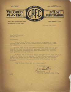 Letter: Philadelphia, Pennsylvania to Douglass Theatre, Macon, Georgia, 1927 Oct. 28