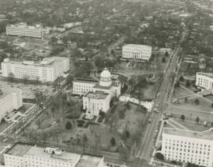 Aerial view of the Capitol complex in downtown Montgomery, Alabama, before the arrival of marchers at the end of the Selma to Montgomery March.