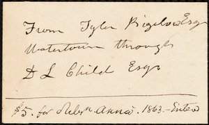 Contribution envelope from Tyler Bigelow, Watertown, [Mass.], to the American Anti-Slavery Society, 1863