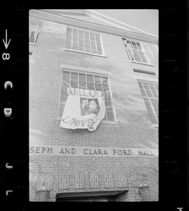 "Malcolm X University" banner hanging outside Ford Hall during Brandeis University sit-in