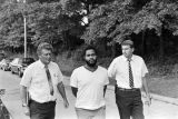 Sergeant Clifford Vasser and Lieutenant Doug Acker escorting Anthony Ray Hinton to the city jail in Bessemer, Alabama.