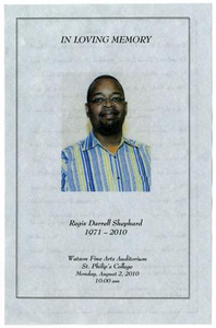 Memorial Program for Regis Darrell Shephard, August 2, 2010