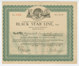 Stock certificate issued by Black Star Line to Florence O. Truesdell