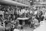 Martin Luther King Jr. Fred Shuttlesworth, and Ralph Abernathy holding a press conference at the Gaston Motel in Birmingham, Alabama.