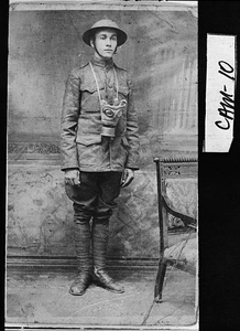 Photograph of Tola Harris in military uniform in France during World War I, 1918