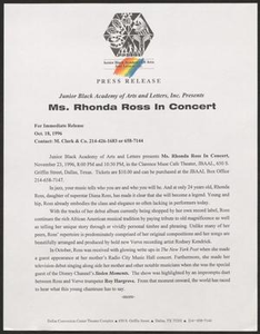 Press release: Junior Black Academy of Arts and Letters, Inc. Presents Ms. Rhonda Ross in Concert