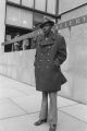 James ""Son"" Thomas: New Haven, Conn. Thomas at Yale University Art Gallery, outside with statue (JTP 12-77-4/6 #1648)