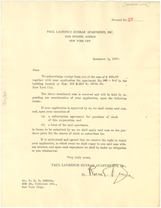 Letter from Paul Lawrence Dunbar Garden Apartments to W. E. B. Du Bois