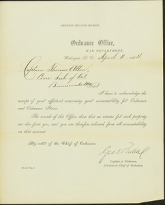 Circular letter signed George F. Balch, Captain of Ordnance, Assistant to Chief of Ordnance, Ordnance Office, War Department, Washington, D.C., to Captain Thomas Allen [Thomas Allin], Brunswick, Mo., April 4, 1864