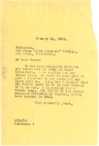 Letter from W. E. B. Du Bois to County Librarian, San Diego Teachers' College