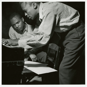 J.J. Johnson and Miles Davis at Davis's session of April 20, 1953 for "The Miles Davis All-Stars" (Blue Note) at WOR Studios, New York City [black-and-white photoprint]