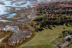 An October 2017 aerial view of the tidal terrain, including a lone railroad track near Old Orchard Beach, Maine