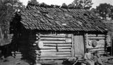 Three African American children in front of a cabin in Wilcox County, Alabama.