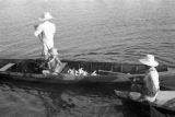 Brazil, fishermen with catch in canoe on Negro River