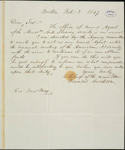 Thumbnail for Letter from Francis Jackson, Boston, [Massachusetts], to Samuel May, 1847 Feb[ruary] 3