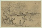 [Soldiers on horseback crossing a river near a collapsed bridge]