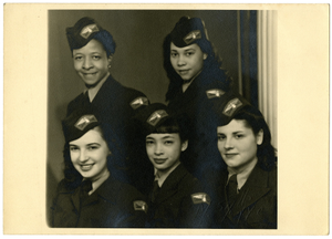 Group picture of five "Sweethearts". Black-and-white photoprint.