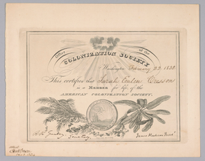 Membership certificate to the American Colonization Society