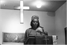 Coretta Scott King speaking to an audience of women at Hall Street Baptist Church in Montgomery, Alabama.